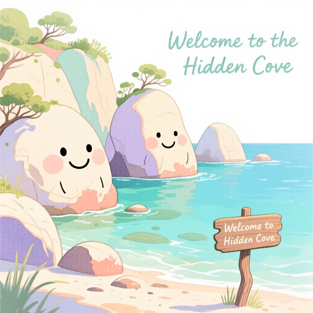 A serene landscape of a hidden cove with crystal-clear turquoise water bathed in warm afternoon sun