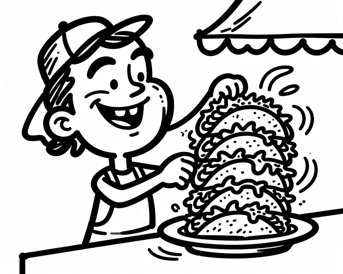 A taco stand owner assembling a towering plate of tacos with fresh toppings.