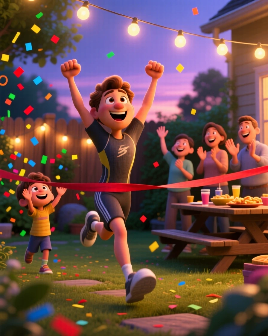 A runner crossing a finish line with arms raised unfolds in a backyard strung with string lights, with confetti drifting through the air. A wave of relief and celebration washes over everyone present.