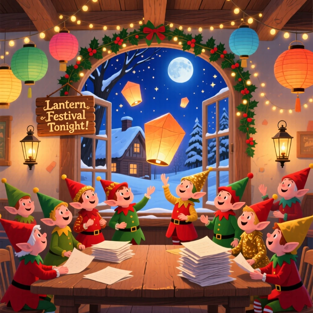 A group of cheerful elves gather in a decorated town hall, sending paper lanterns floating into the night sky, with fresh snow blanketing the rooftops.