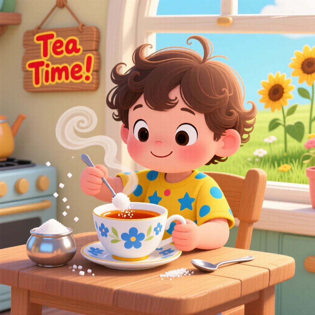A child carefully stirring sugar into their first cup of tea.