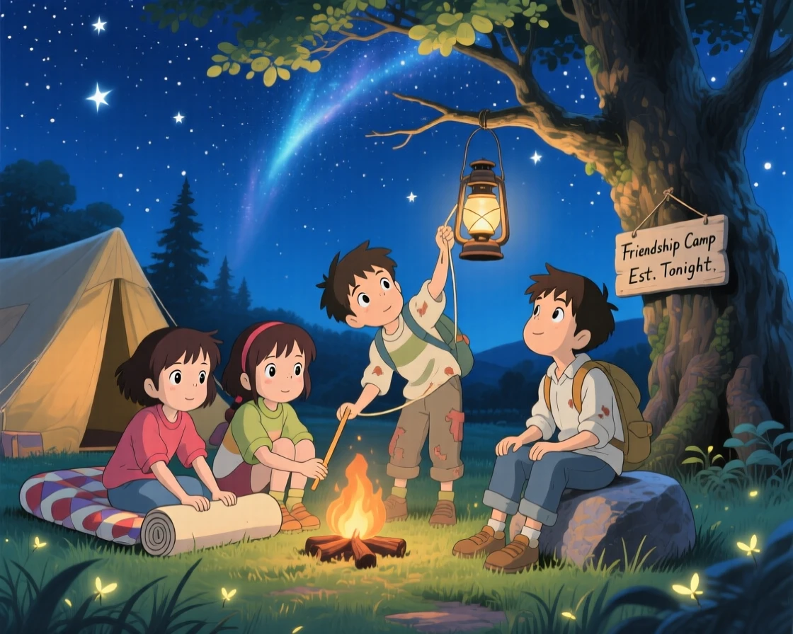 A group of friends setting up camp beneath a starry sky, the moment quietly triumphant.