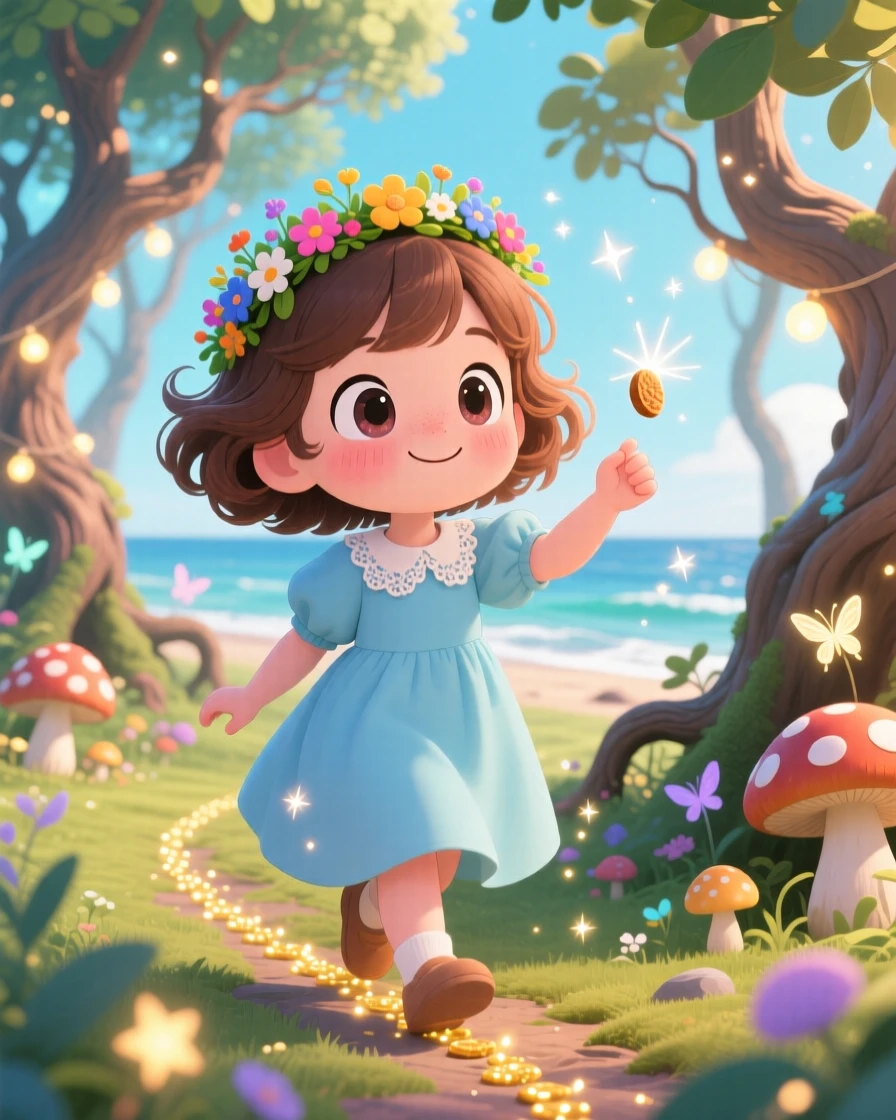A little girl leaving a trail of breadcrumbs through the woods in an enchanted storybook forest on a breezy coastal afternoon; sparkling starlight washes over the scene as playful mischief fills the moment. Waist-up portrait.