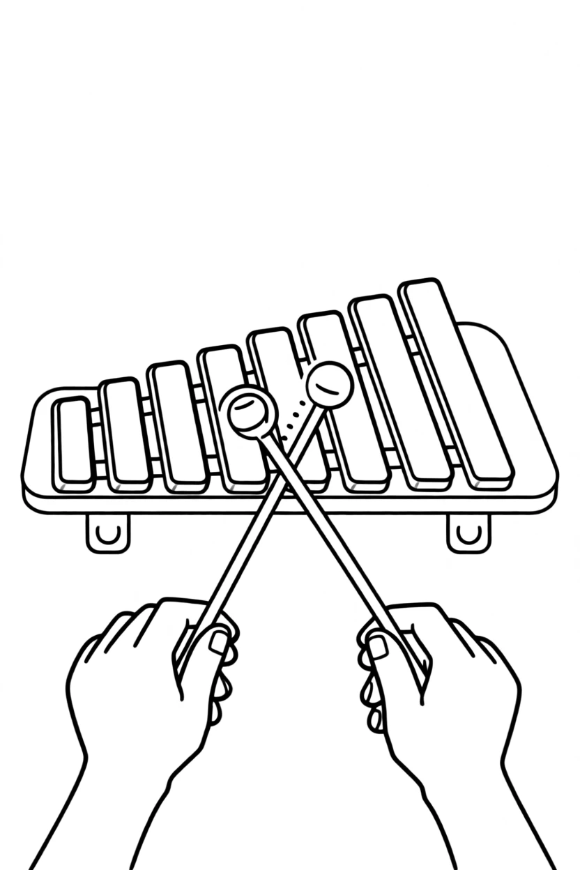 A toy xylophone being played with colorful mallets