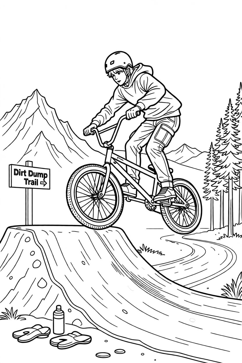 A BMX rider launching off a dirt jump, with jagged peaks rising in the background.