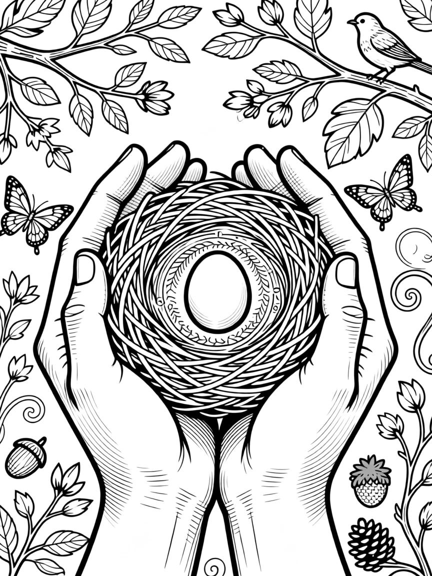 A pair of hands cradling a nest with a single blue egg inside.