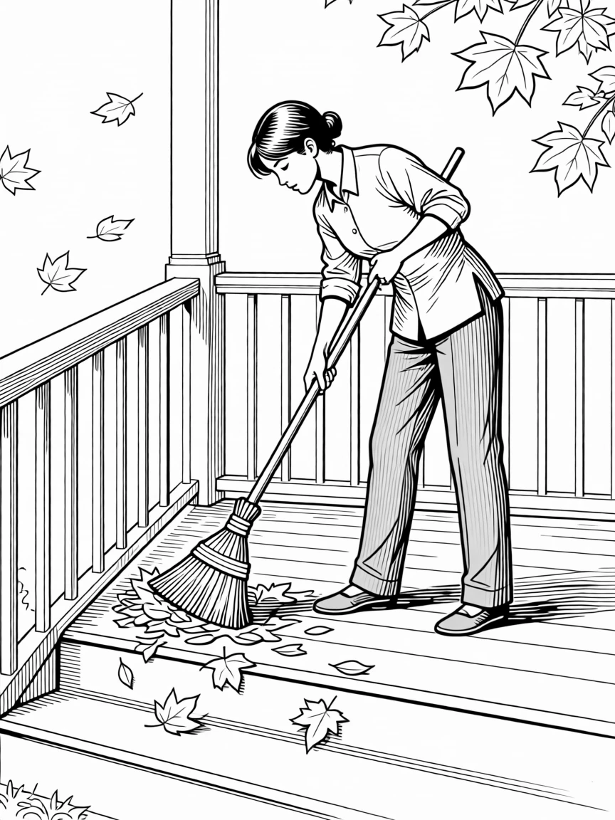 A person sweeping fallen leaves from a front porch