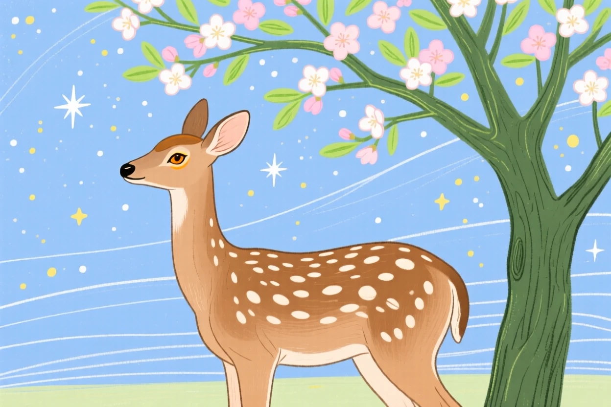 A spotted fawn watching the horizon under a blossoming tree under a clear starry sky.