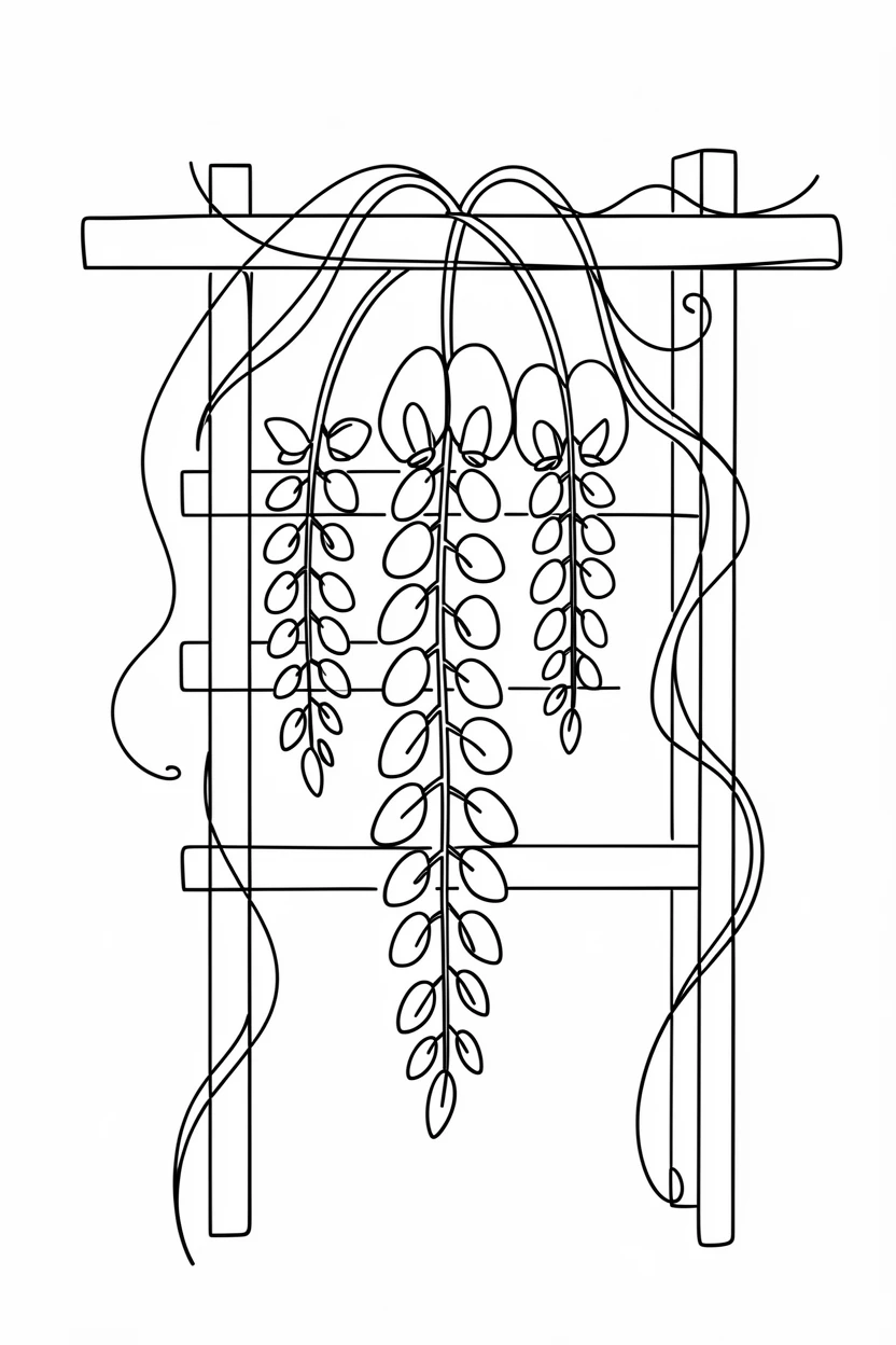 A wisteria vine cascading down from a wooden garden trellis