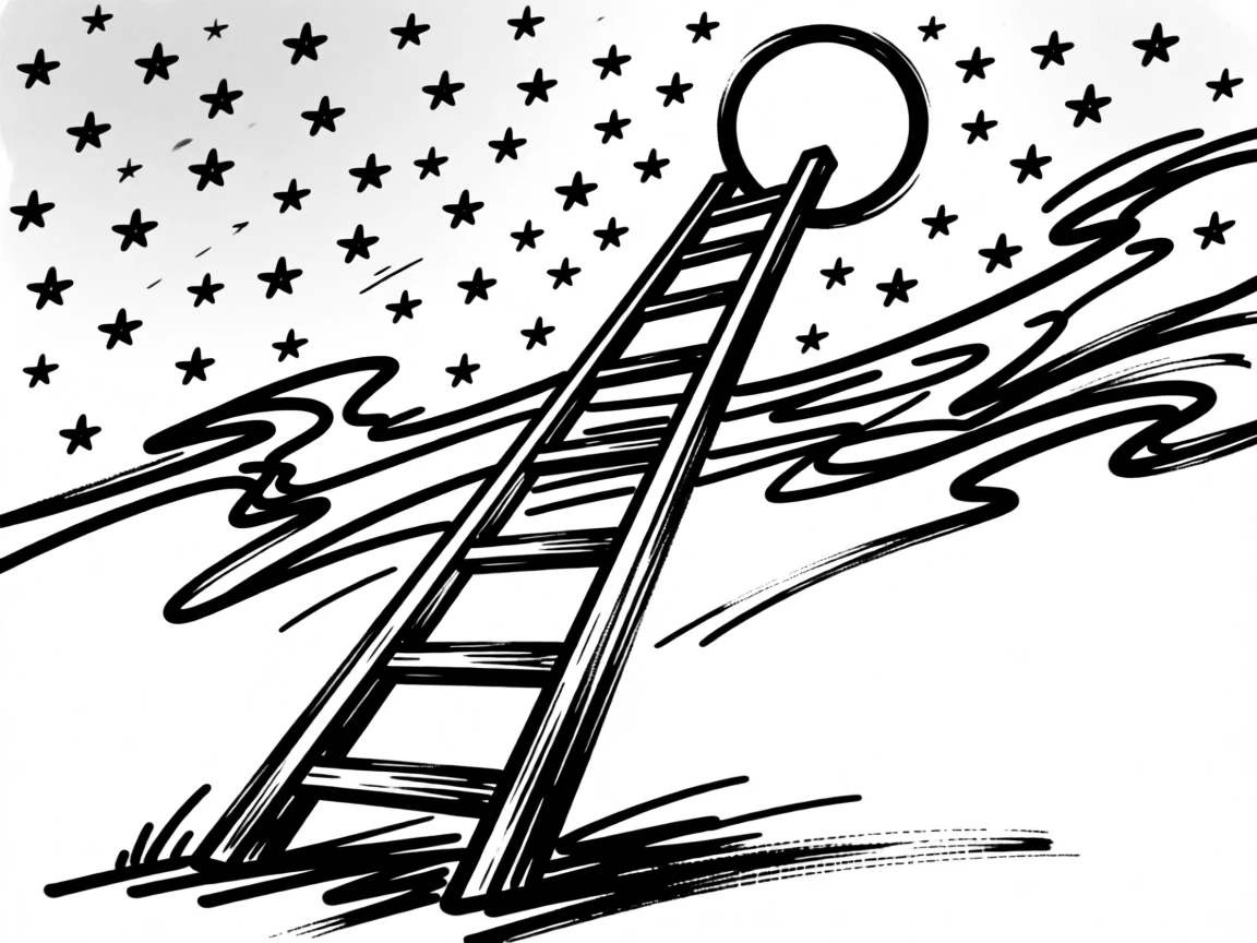 A single ladder leaning against a star-filled sky, reaching for the moon.