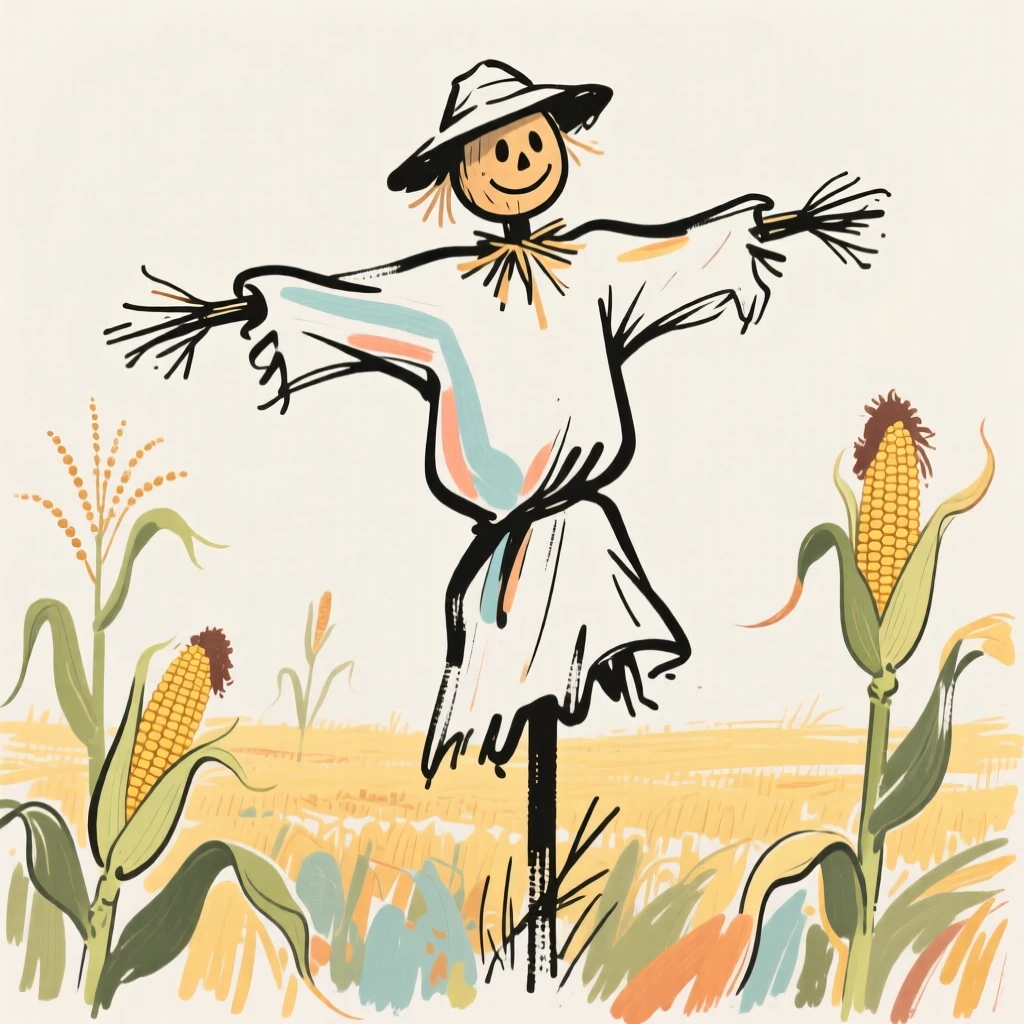 A scarecrow standing watch over a field of ripening corn.