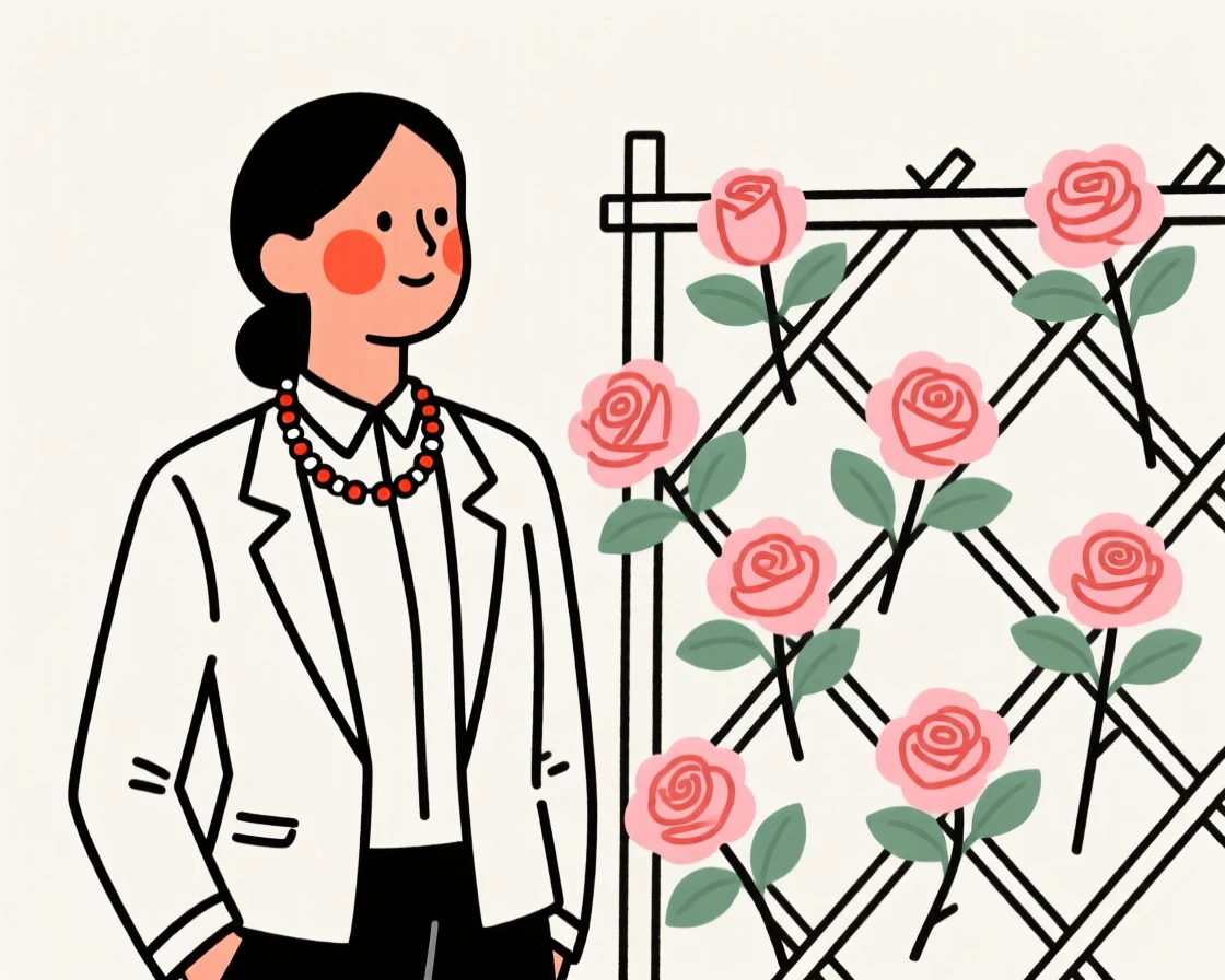 A working professional of Indian heritage wearing a Maasai beaded collar, glowing with nostalgia, beside a blooming rose trellis.
