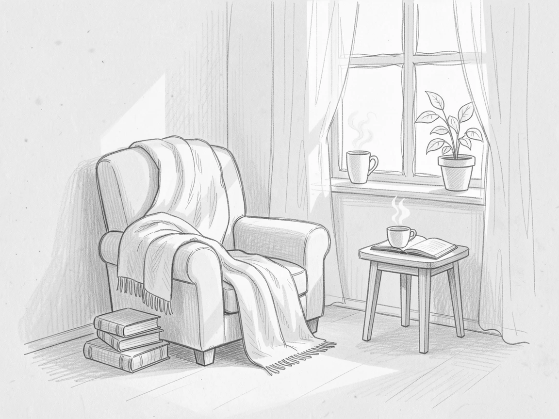A peaceful moment of a quiet reading nook bathed in soft light in complete stillness and silence, radiating quiet hope and renewal.