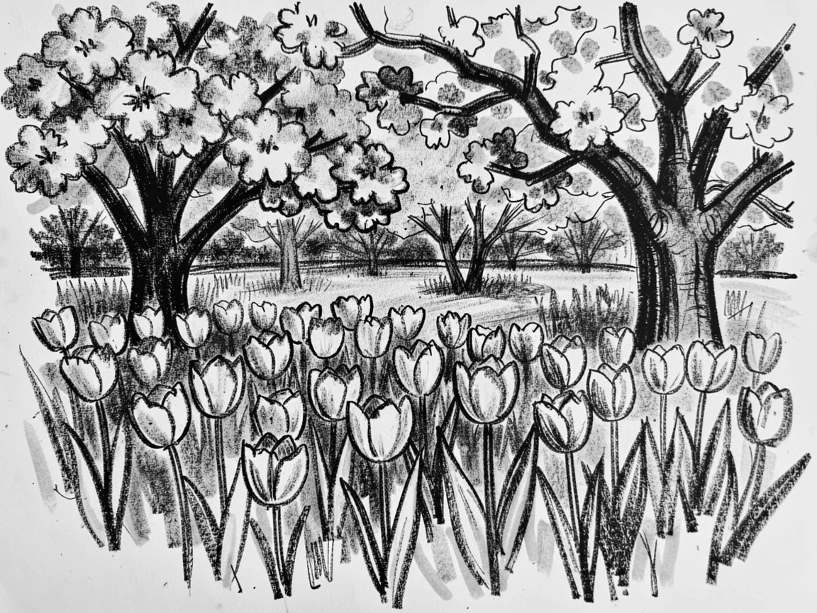A spring meadow bursting with blooming tulips, beneath blossoming trees in full bloom.
