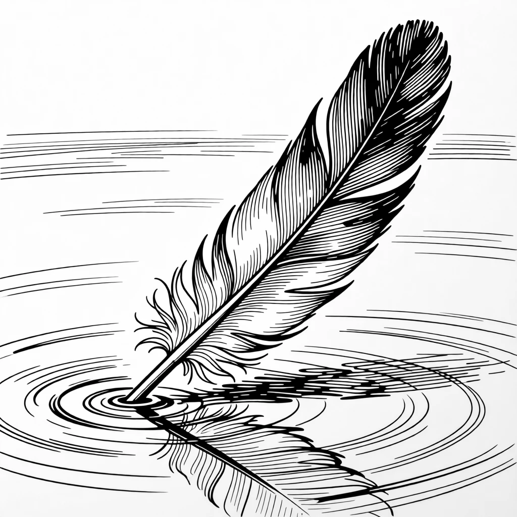 A single feather drifting gently on the surface of a calm pond.