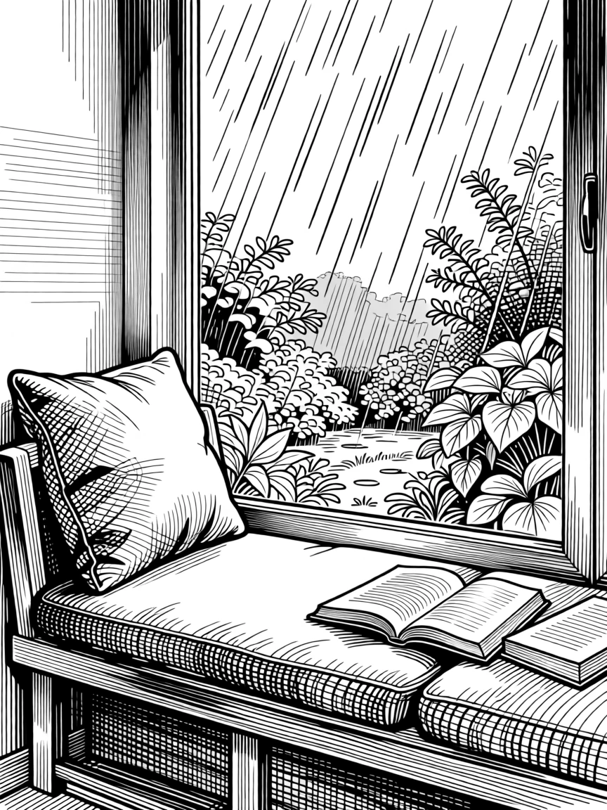 A window seat overlooking a rain-streaked garden beneath a sky painted in soft pastel hues, with a few scattered books left open mid-read, evoking a restfully serene sense of calm.