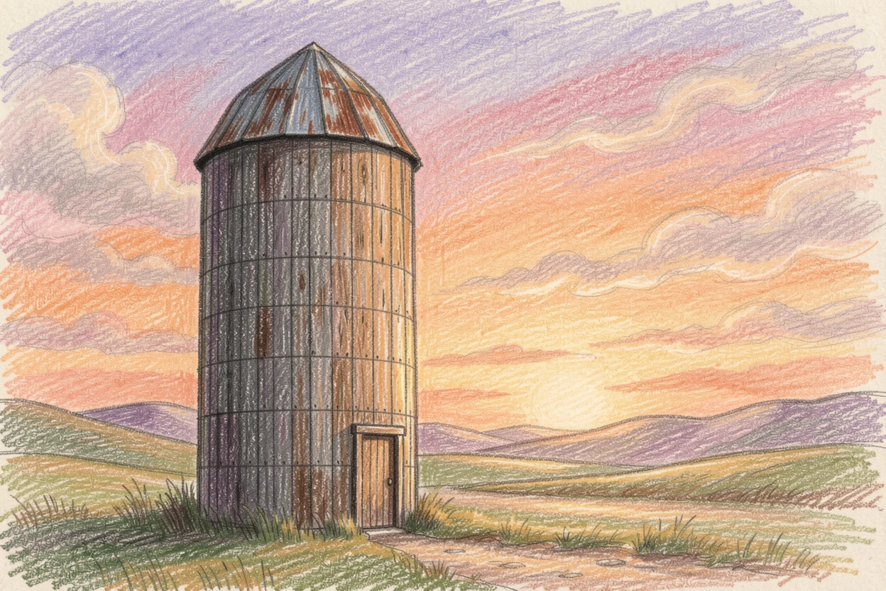 A rustic countryside silo standing tall against a sunset sky, set against a softly lit, atmospheric backdrop, evoking warmth, beauty, and a lasting sense of wonder.