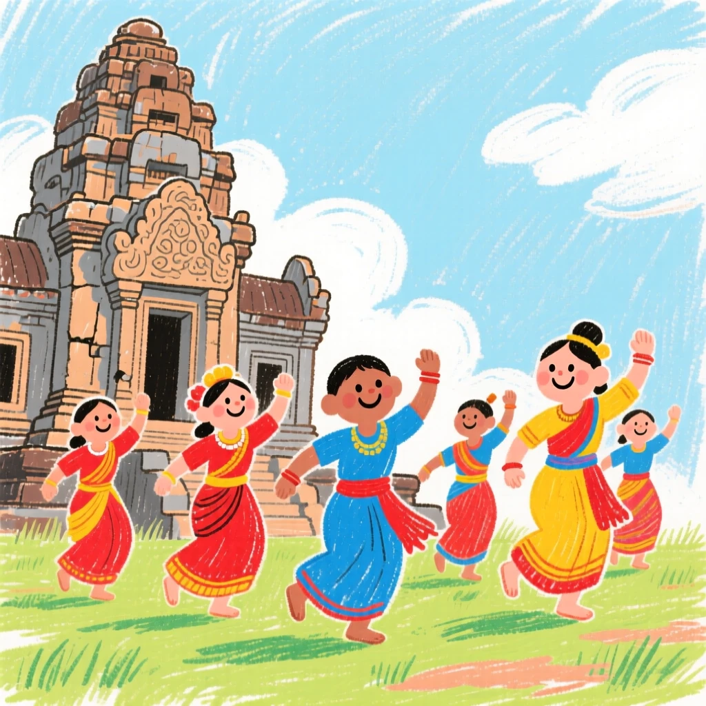 A group of traditional dancers performing beside an ancient temple.