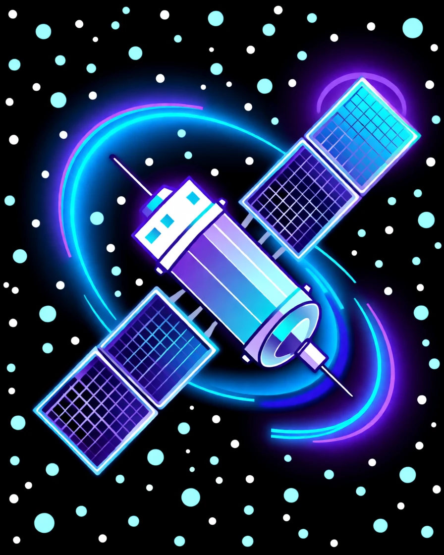 A small satellite deploying solar panels against a starry backdrop, surrounded by soft glowing neon accents, framed from a striking low angle for a sense of scale, with a subtle sense of wonder about future possibilities.