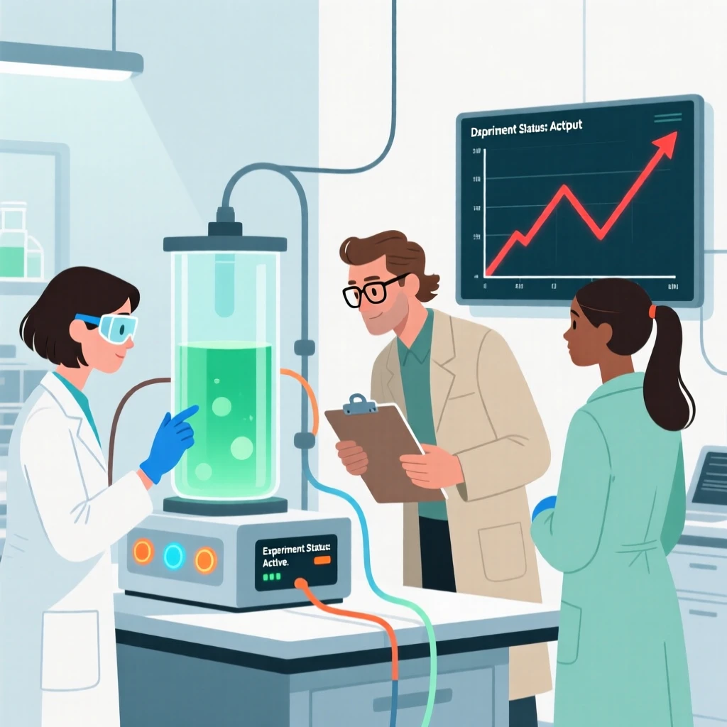 A team of scientists monitoring an experiment in a bright research lab.