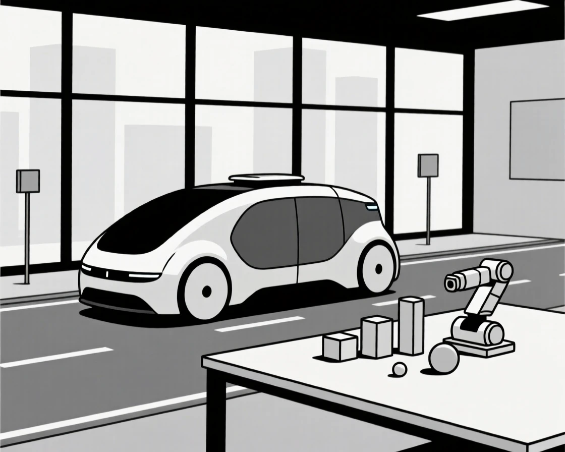 A view of autonomous vehicle on a city street operating within a minimalist tech office, near precision robotic components, evoking forward-looking innovation.