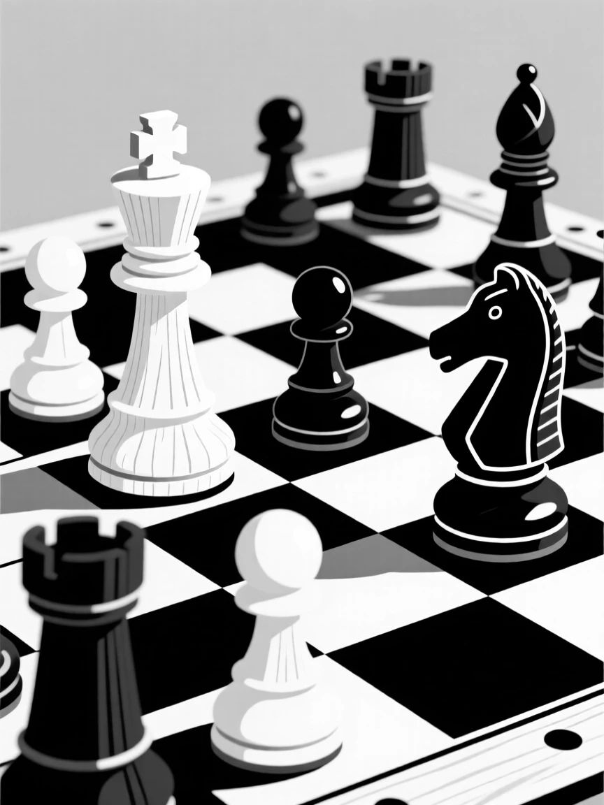 A wooden chess set mid-game.