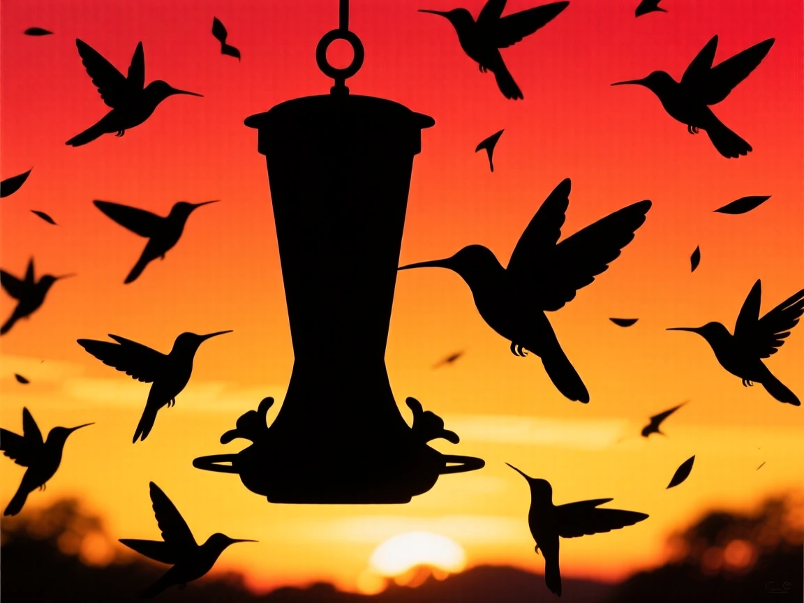A single hummingbird feeder surrounded by a flurry of tiny wings.