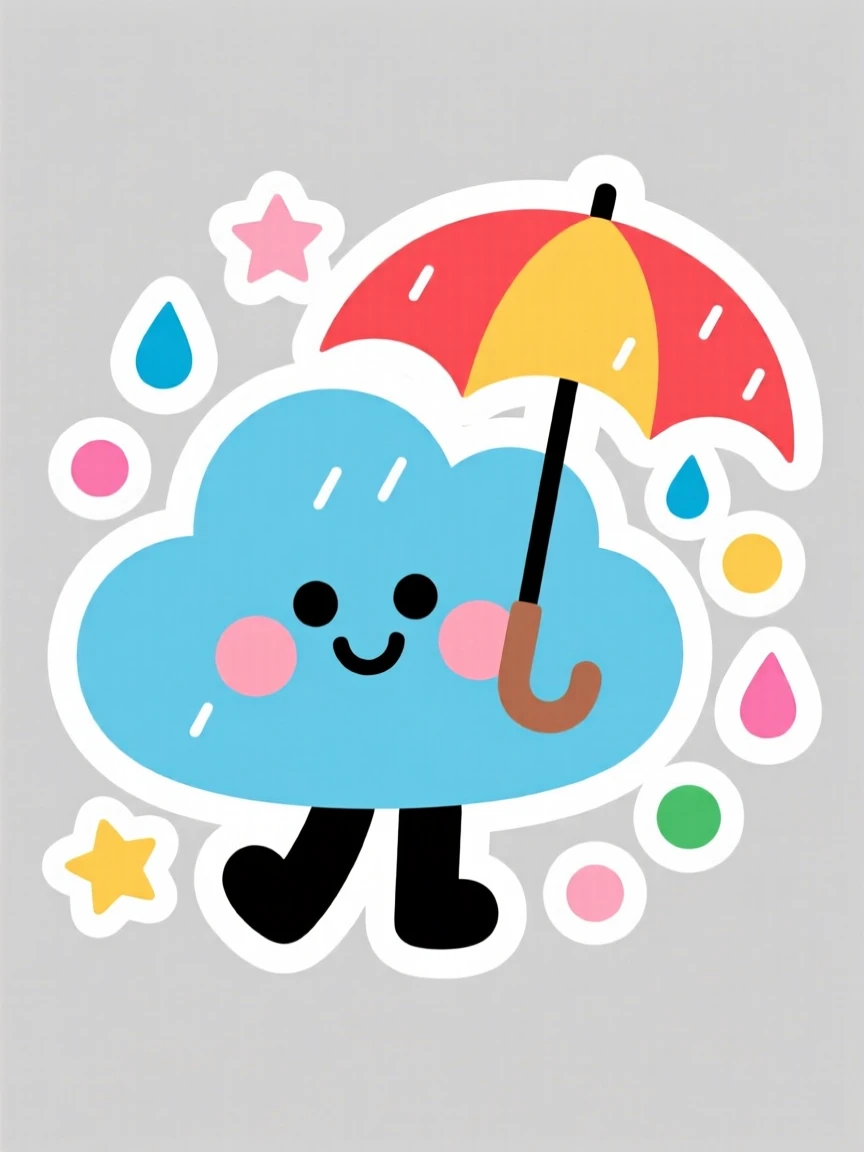 A cheerful and encouraging cheerful weather cloud character with a tiny umbrella, surrounded by simple colorful shapes, perfect for a classroom or nursery.