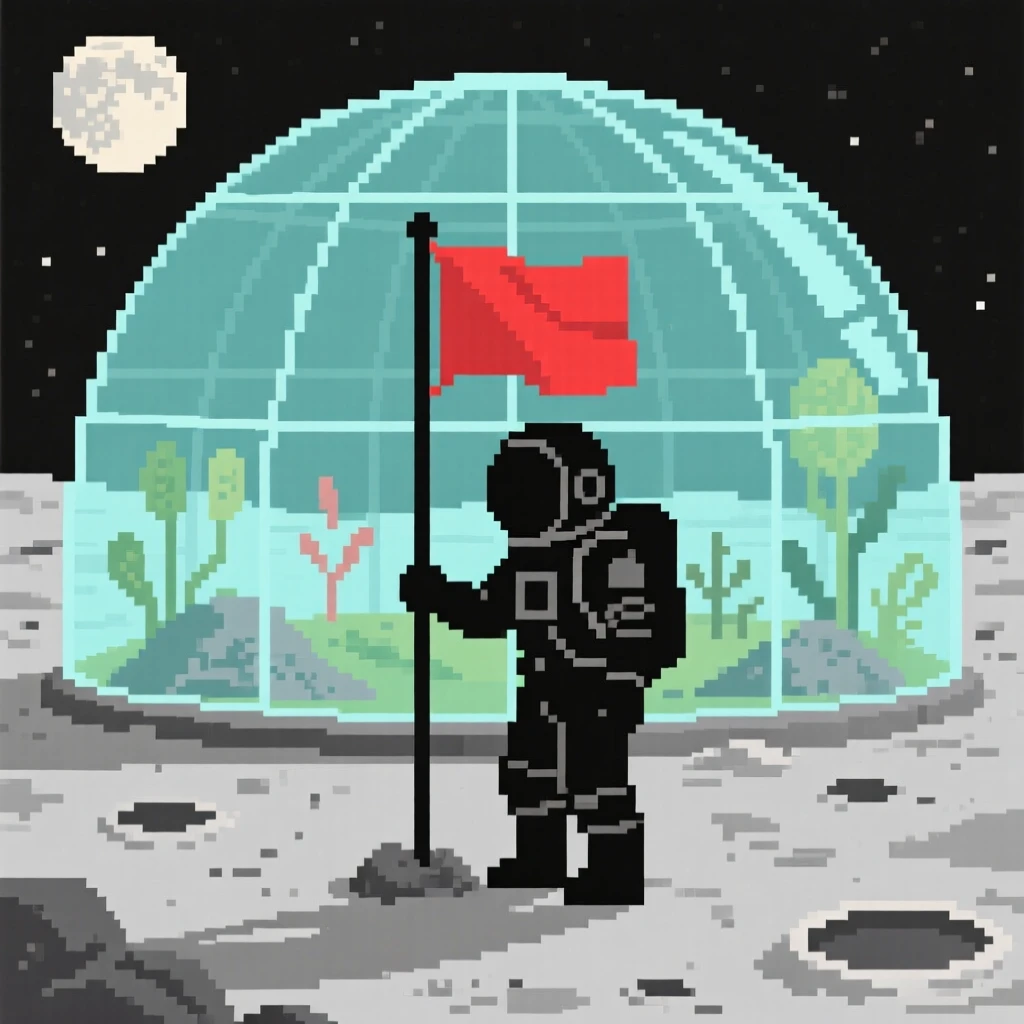 A lone astronaut planting a flag mapping out an unexplored alien landscape, within a greenhouse dome on the moon.