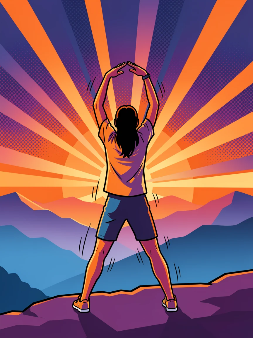 A person stretching at sunrise on a misty mountain overlook