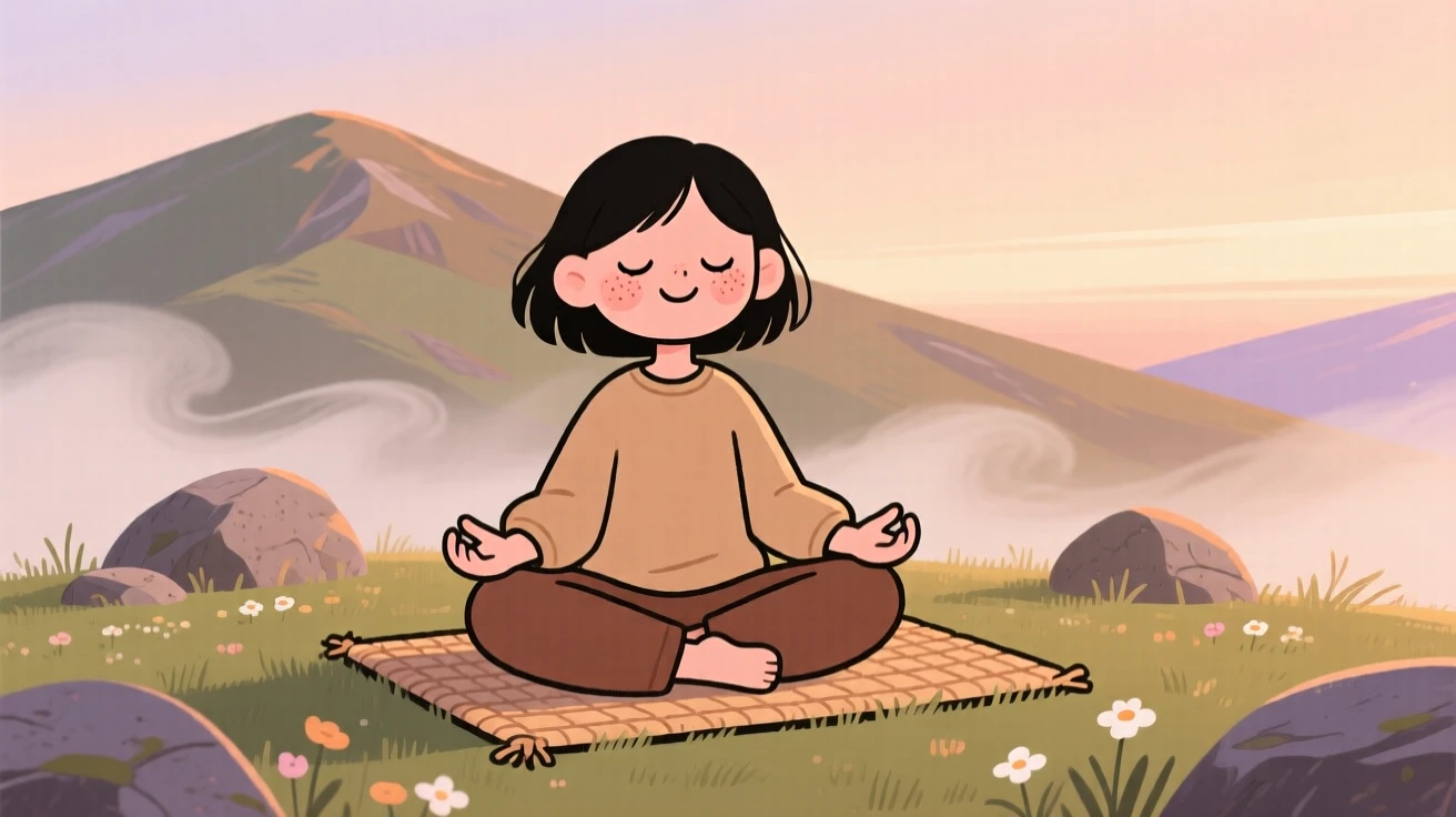 A teenage girl practices quiet meditation on a mountaintop clearing at first light, breathing slowly as soft mist surrounds them.