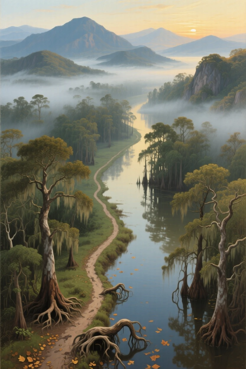 An aerial view of a historic pilgrimage trail winding through misty mountains, in the Louisiana bayou, during the colonial era.