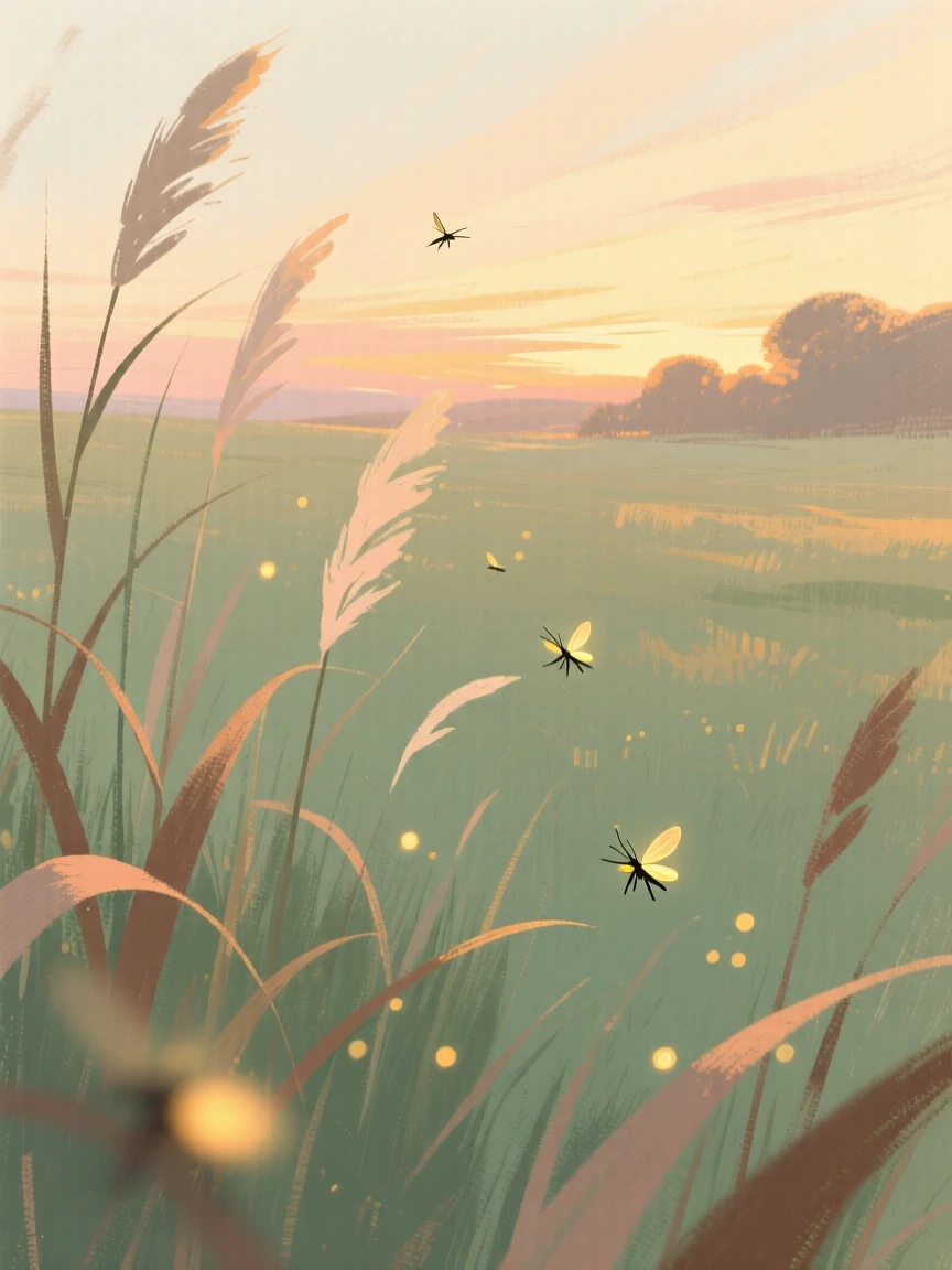 A pasture at dusk with fireflies rising above the tall grass