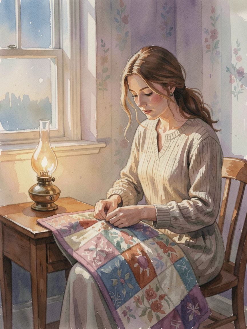 A woman quilting a patchwork blanket by lamplight in a relaxed, unhurried setting.