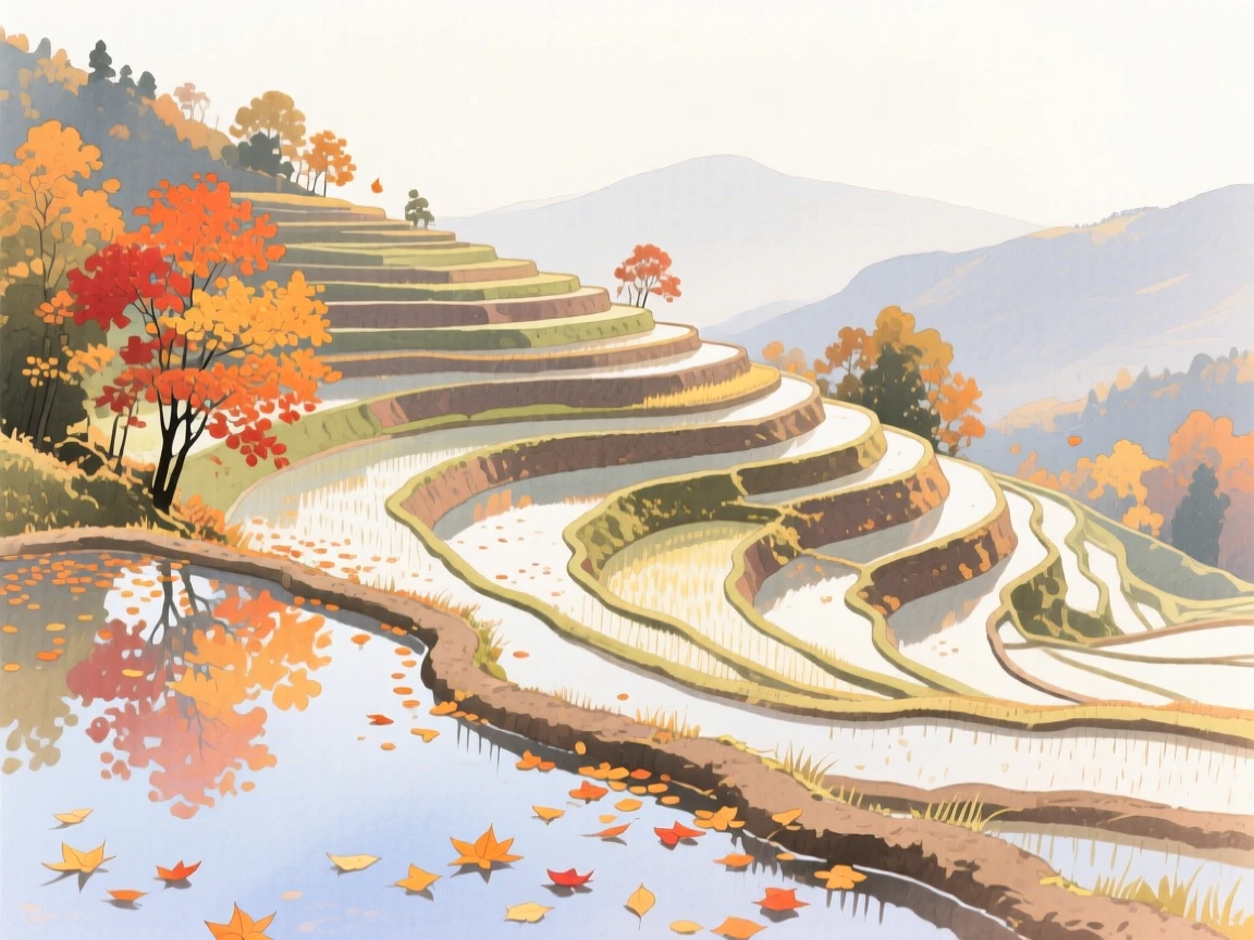 A breathtaking view of a terraced rice field as autumn leaves fall, with reflections shimmering across still water