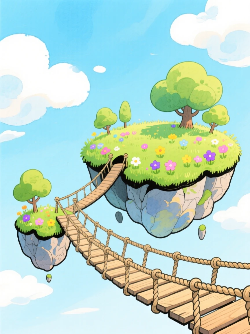 A wondrous view of a floating island connected by a rope bridge.
