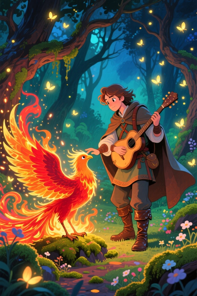 A wandering bard taming a phoenix that has just been born from flame, in an enchanted forest glowing with fireflies, radiating hope and heroic determination.
