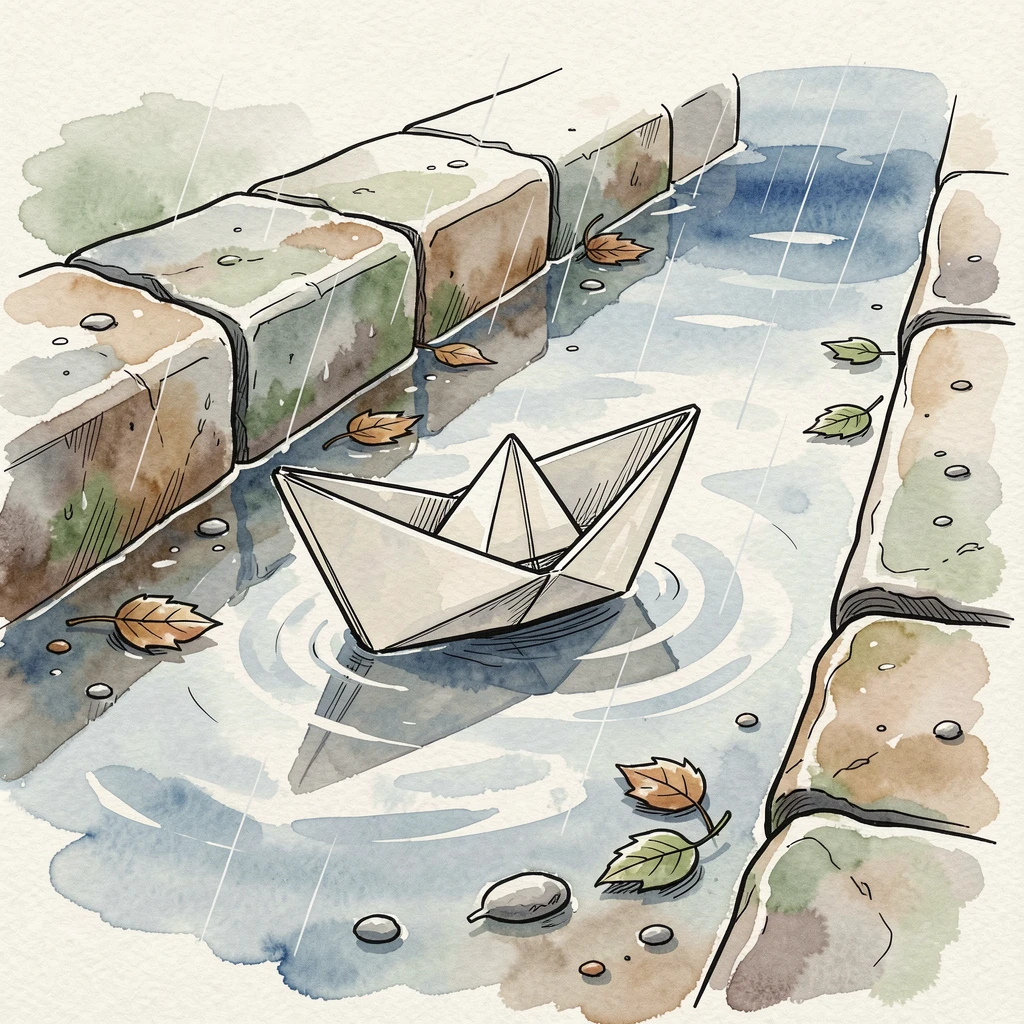 A paper boat floating down a rain-swollen gutter toward open water, a feeling of quiet determination and resilience.