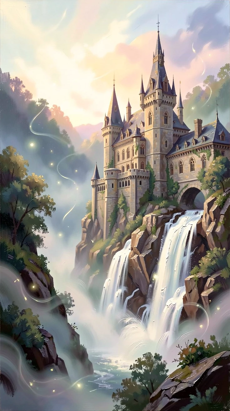 During a soft, glowing dawn, a grand castle built into the side of a waterfall, within a hidden valley shrouded in mist, wisps of magical light drifting through the air.