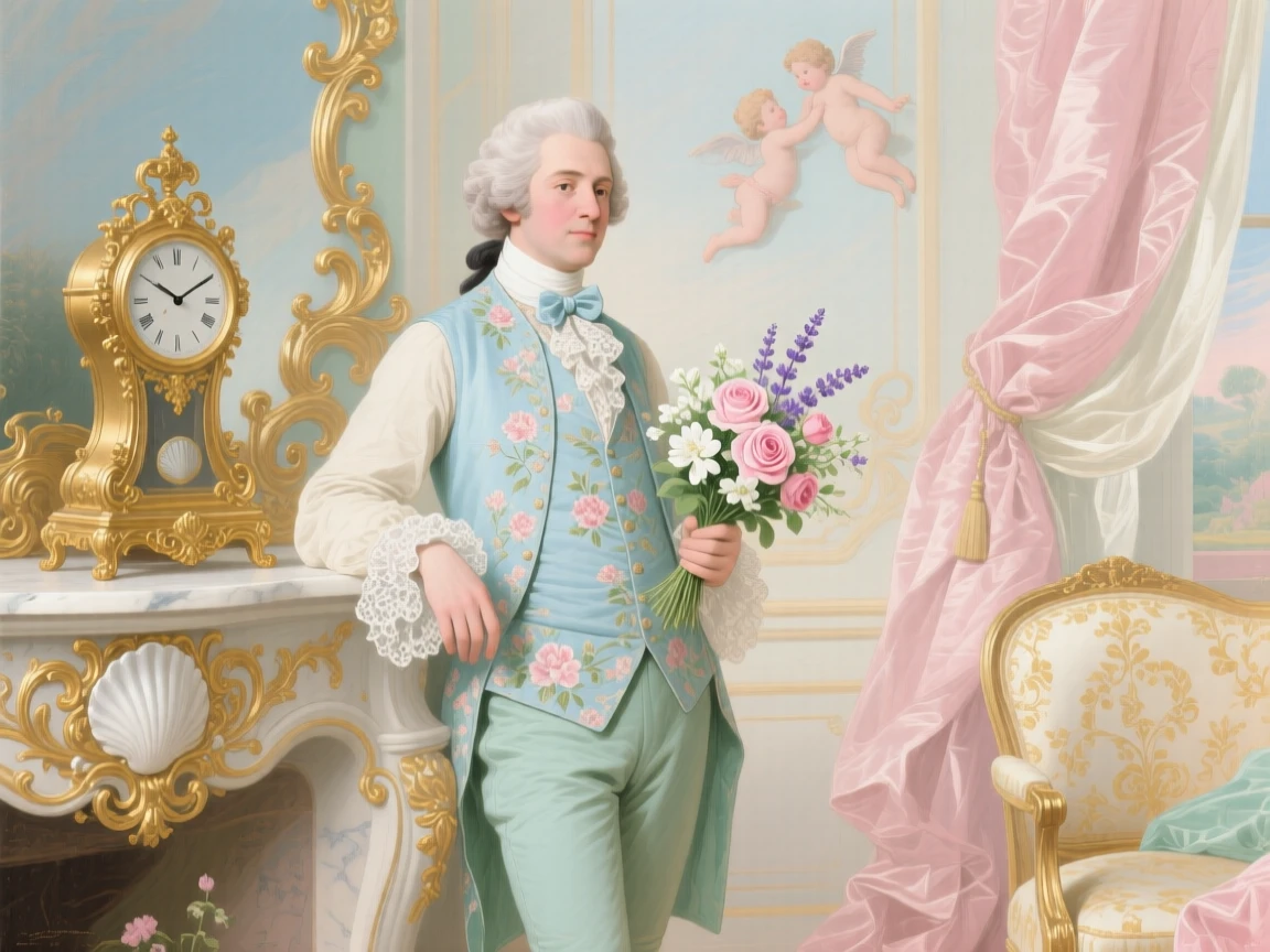 A gentleman waiting beside a gilded clock with flowers in hand  