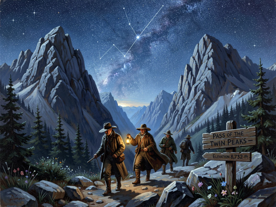 A team of explorers ascends a col between two towering summits beneath a canopy of stars.
