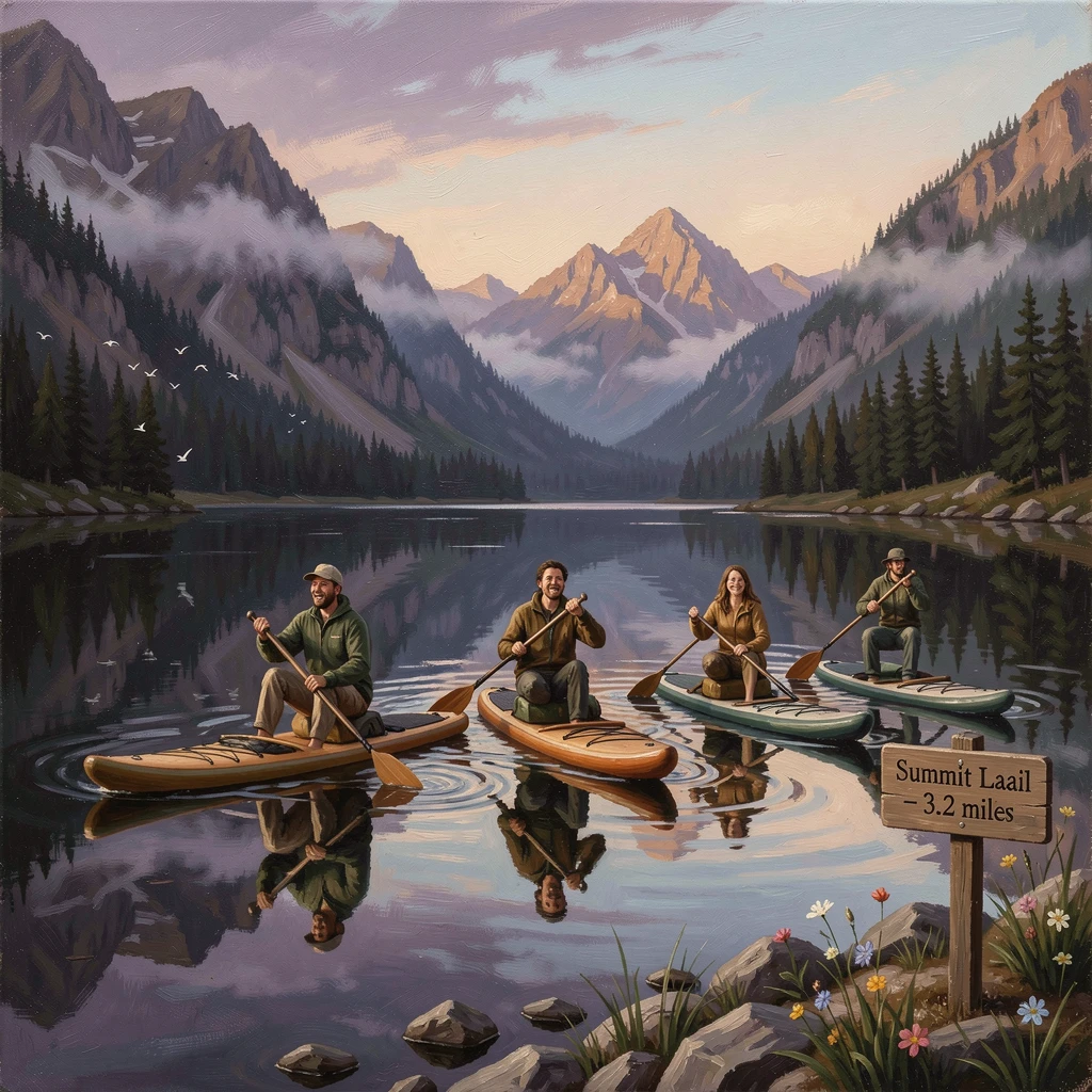 A group of friends paddleboarding across a glassy mountain lake at dawn, with rich environmental detail immersing the viewer in the destination, capturing the excitement, freedom, and wonder of travel