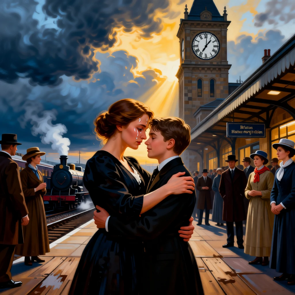 A mother reuniting with her long-lost son at a bustling harbor as the weight of years finally lifts, set at a crowded railway platform beneath a clock tower, with storm clouds parting just behind the embracing figures; the surrounding onlookers form a soft frame around the emotional core, aching with bittersweet longing and hard-won joy.
