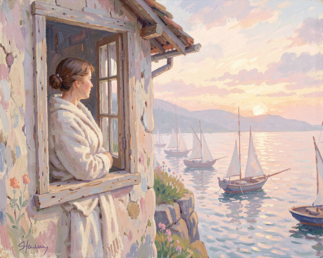 A fisherman's wife watching from a cliffside window as boats return to harbor at dusk, in the gentle hush of early morning, filled with a cozy, comforting atmosphere.
