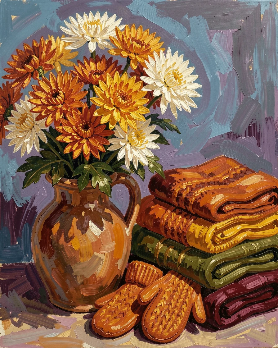 A vase of chrysanthemums beside a stack of autumn-colored scarves and mittens.