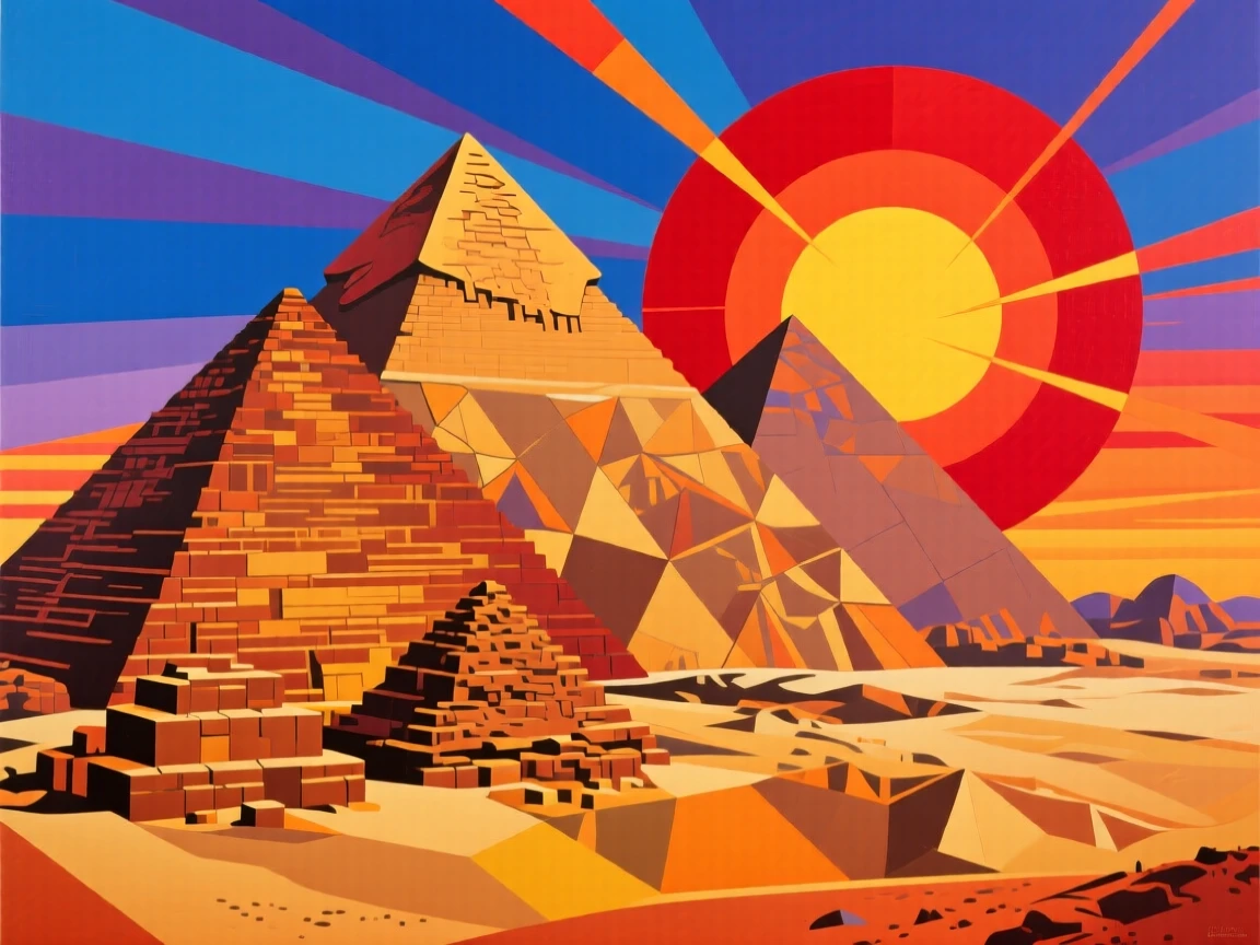 The pyramids of Giza rising from the desert sand under a blazing sunset.