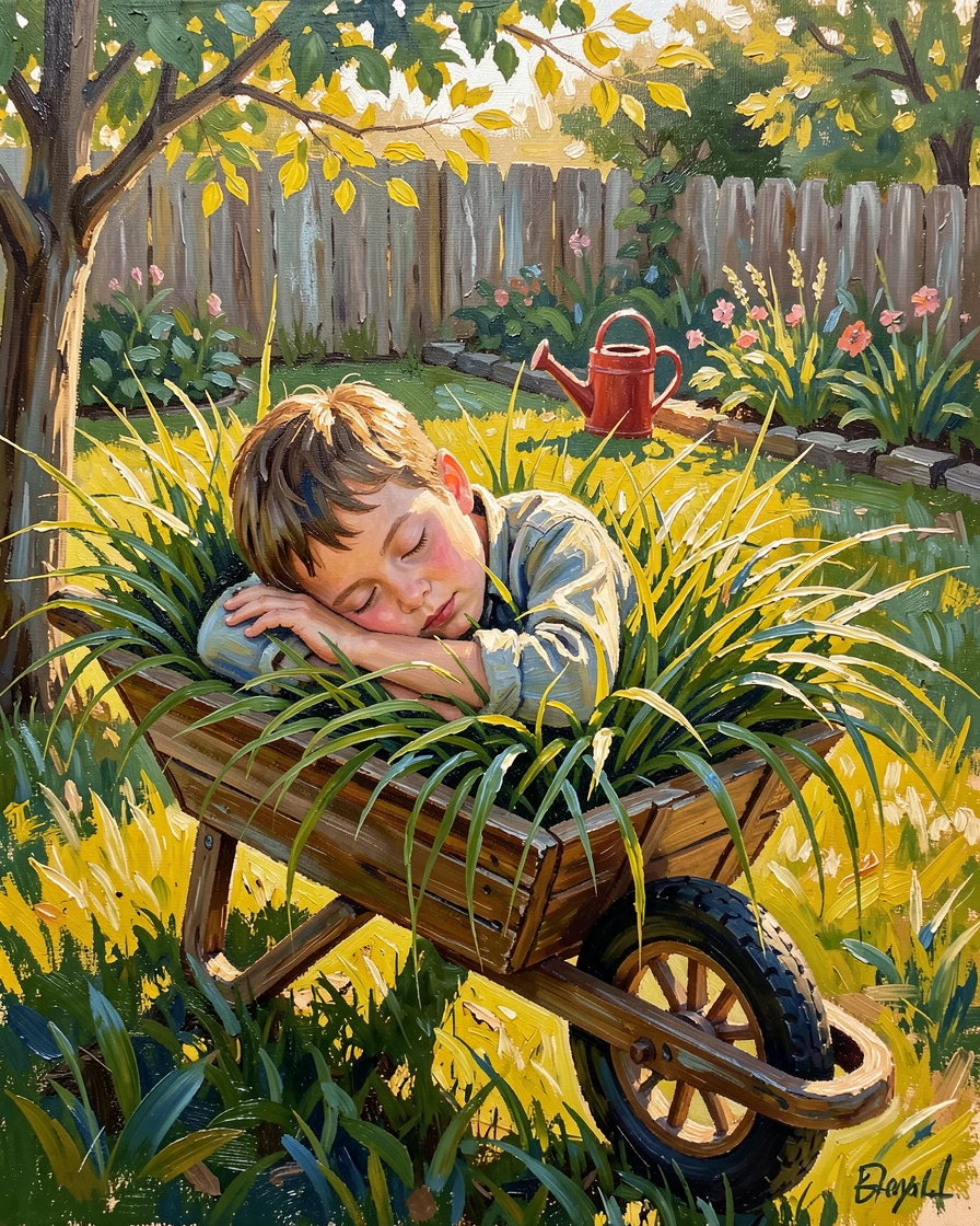 A little boy naps peacefully in a wheelbarrow full of freshly cut grass in his grandfather's sunny backyard, a sense of genuine, unguarded emotion captured in the small details of their expression.