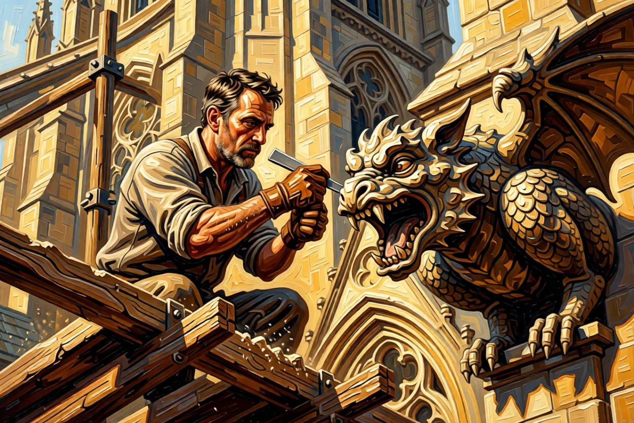 A stonemason chiseling delicate details into a cathedral gargoyle high on scaffolding