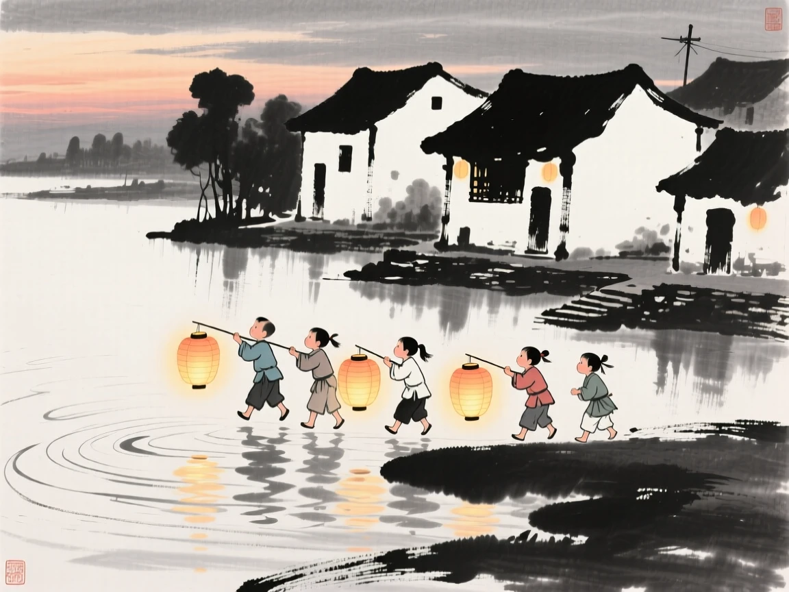 Children carry glowing paper lanterns through a village at dusk, with lantern light reflecting softly on the water.