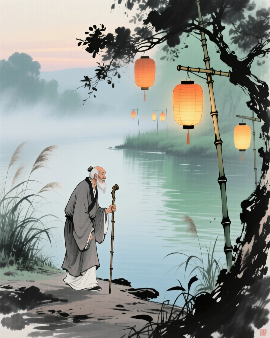 An old man walking with a bamboo staff along a misty riverbank, in the height of summer, as lanterns are lit for the evening.